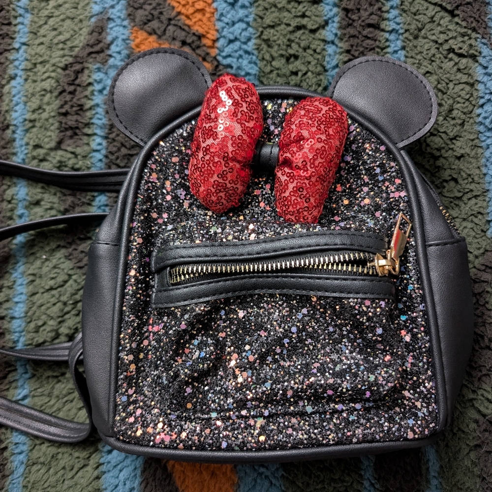 Black  And Gold Glitter Minnie Mouse Mini Backpack with Red Bow